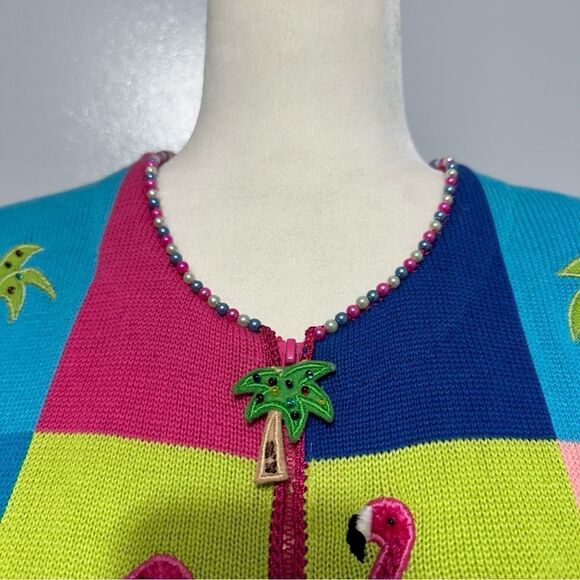 Jack B Quick Sweater Cardigan Fun Tropical Pink Flamingo Palm Tree size M - Picture 5 of 10
